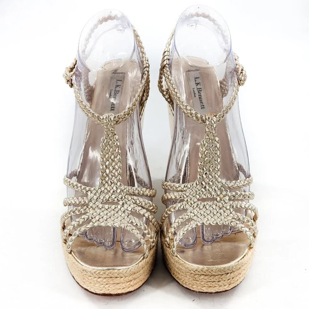 LK BENNETT Gold Leather Braided‎ Woven Espadrille Platform Wedge Heel